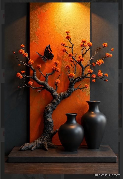 Orange tree with two black vase