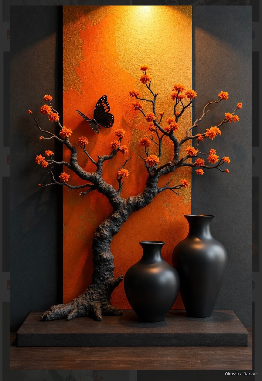 Orange tree with two black vase